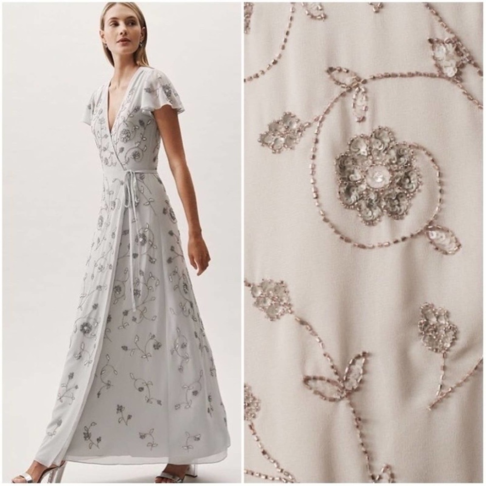 New BHLDN Sequined Beaded Maxi Wrap Dress Lilght Gray Large